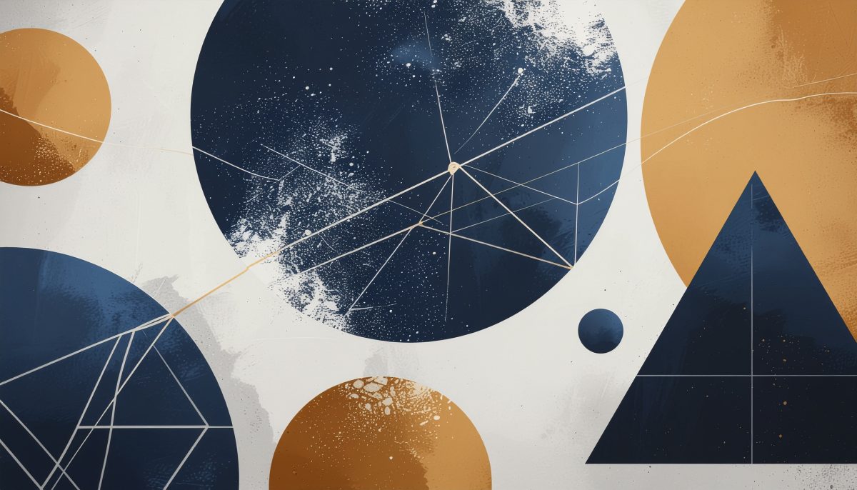 Five geometric shapes connected by curved lines converging on a central node. An abstract systems constellation