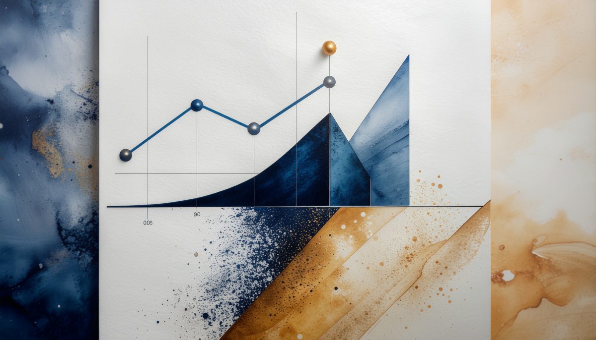 Two line curves over a time axis intersecting at a highlighted point. A stylised ROI chart
