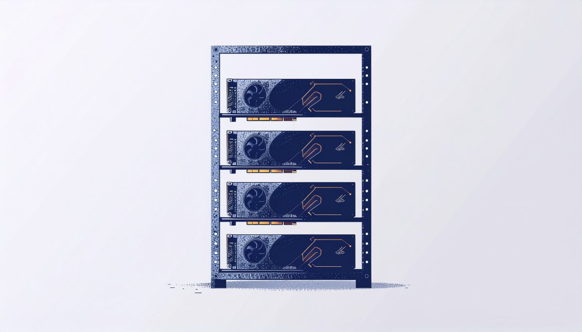 Stylised server rack with three shelves of GPU cards, rendered as flat geometric shapes