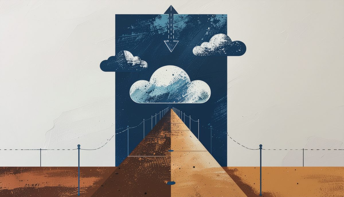 A dashed perimeter with a solid arrow crossing outward toward a cloud form. Data leaving a trusted zone