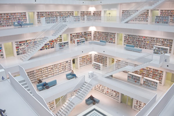 Modernist library stairwell, multiple floors viewed from below
