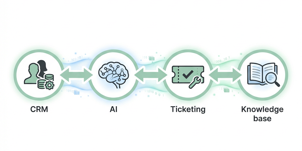 CRM ↔ AI ↔ Ticketing ↔ Knowledge base. Natural language queries span multiple systems.